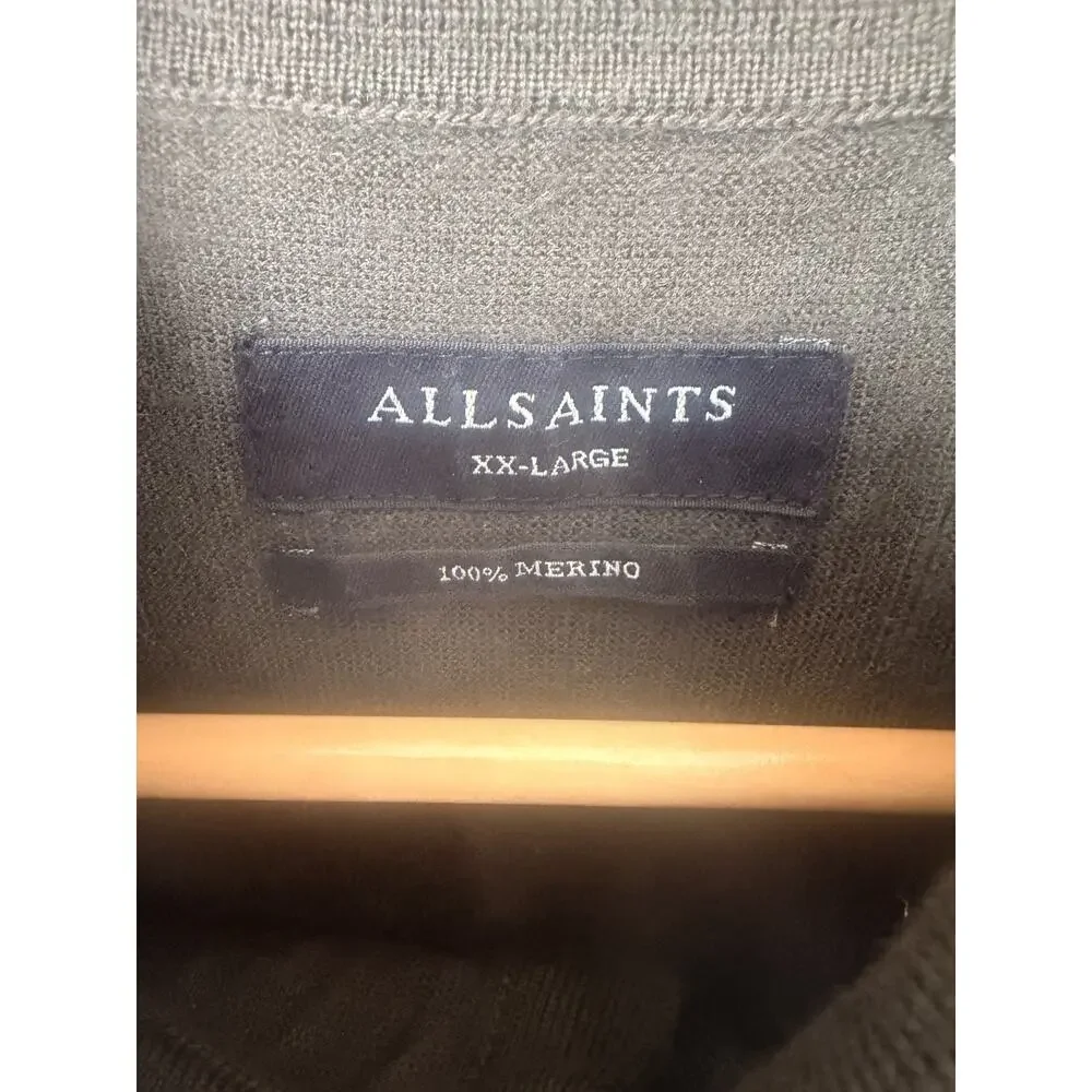 AllSaints Mens Charcoal Black Merino Wool Long Sleeve Polo Sweater Size XXL